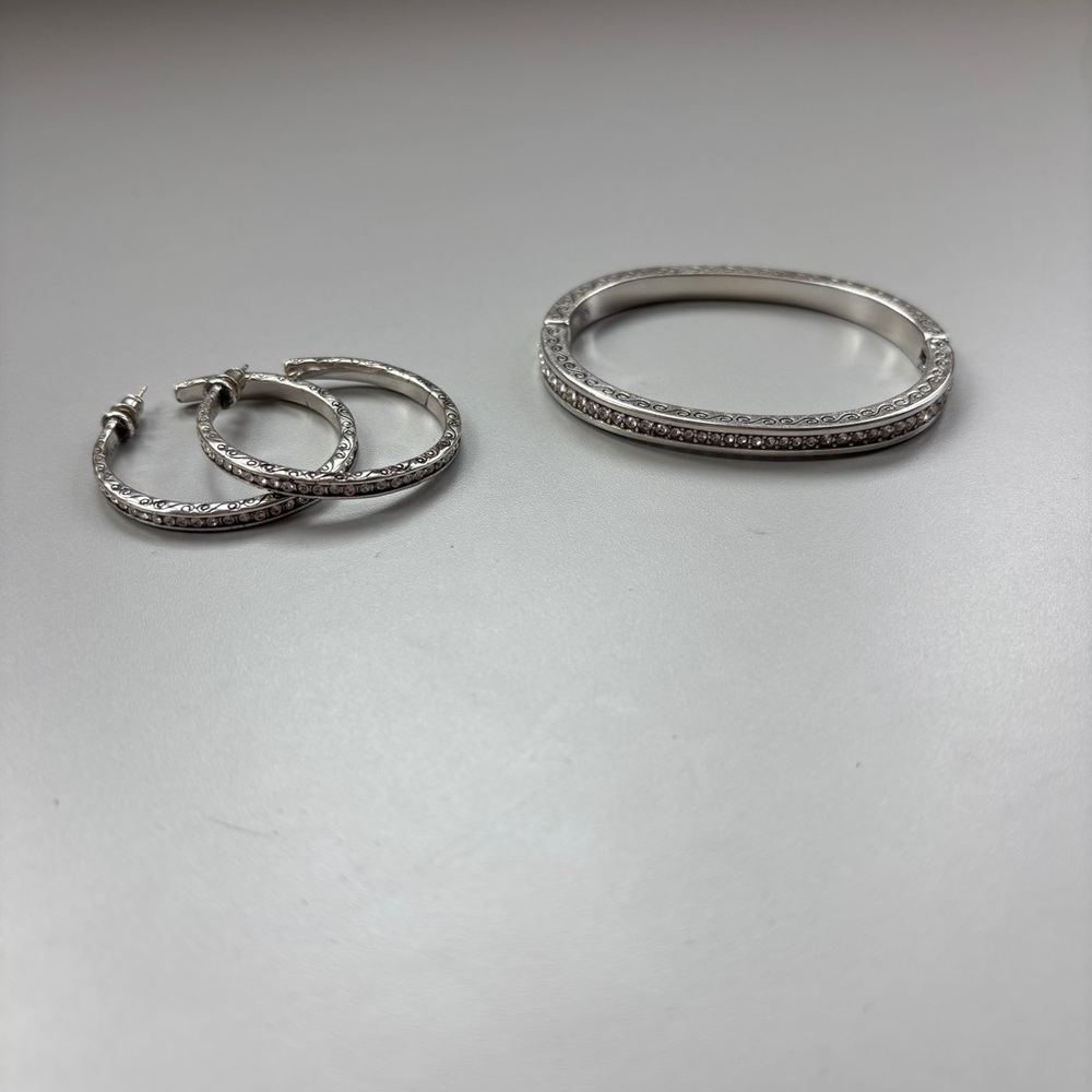 Brighton Retired Swarovski Crystal Silver Bangle Bracelet & Hoop Earring Set Rar